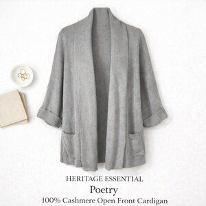 Poetry 100% Cashmere Open Front Cardigan Sweater Gray Knit Pocket Cocoon Wrap L